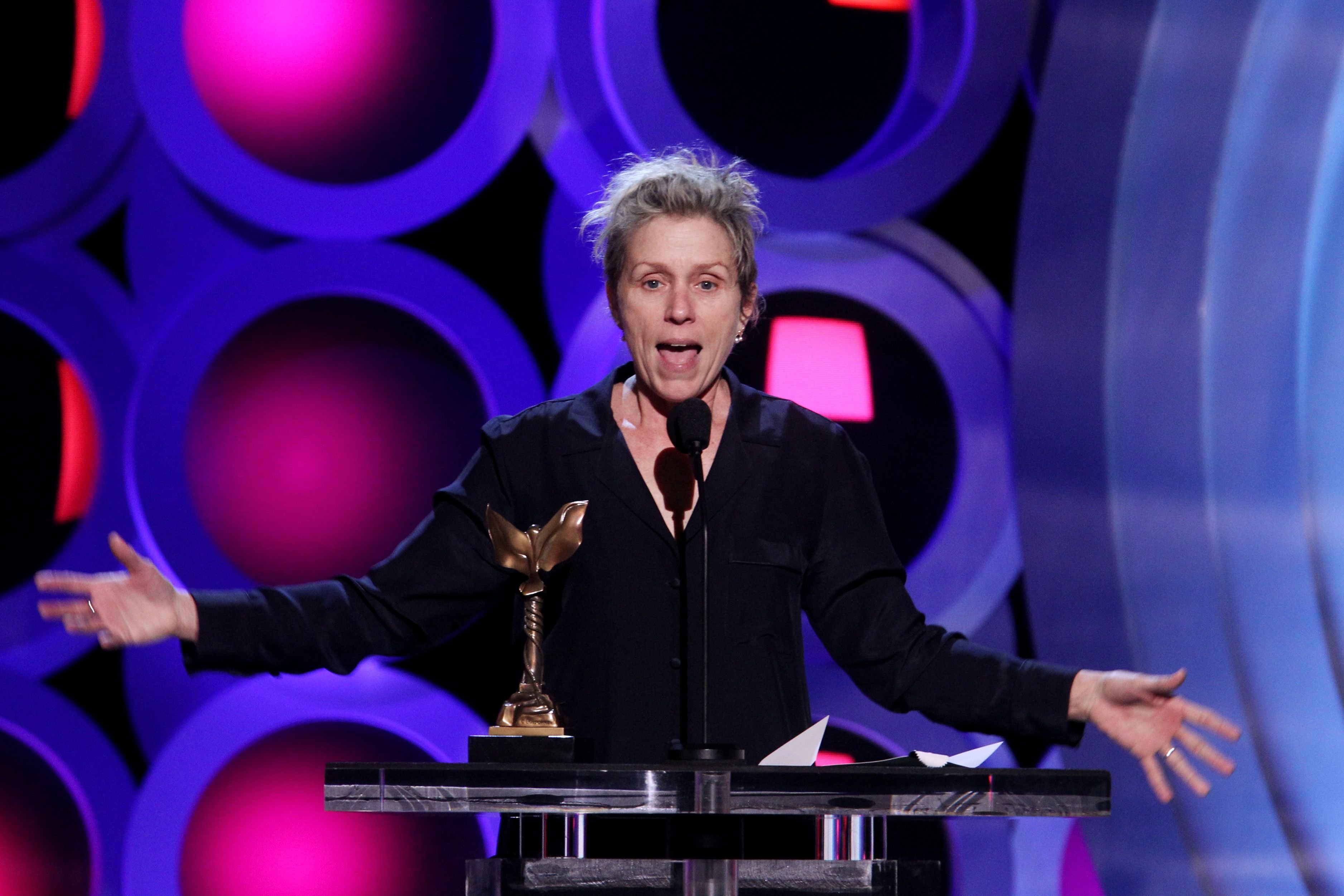 Frances McDormand Wins Oscar for Best Actress & Jokes about the
