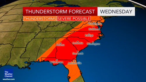Severe Thunderstorms Forecasted for Southeastern States this Week And