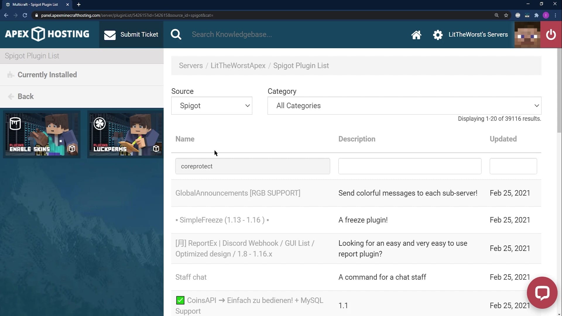 Server Status Apex Hosting