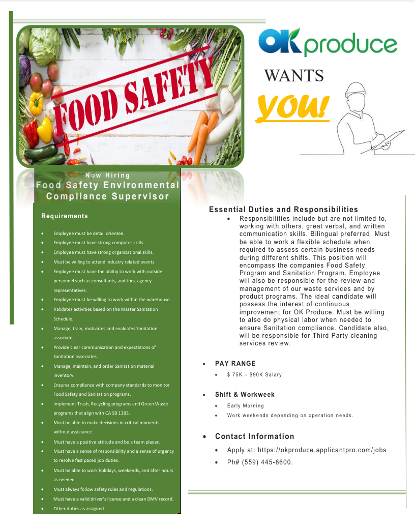 Food Safety Environmental Compliance Supervisor Fresno, CA OK