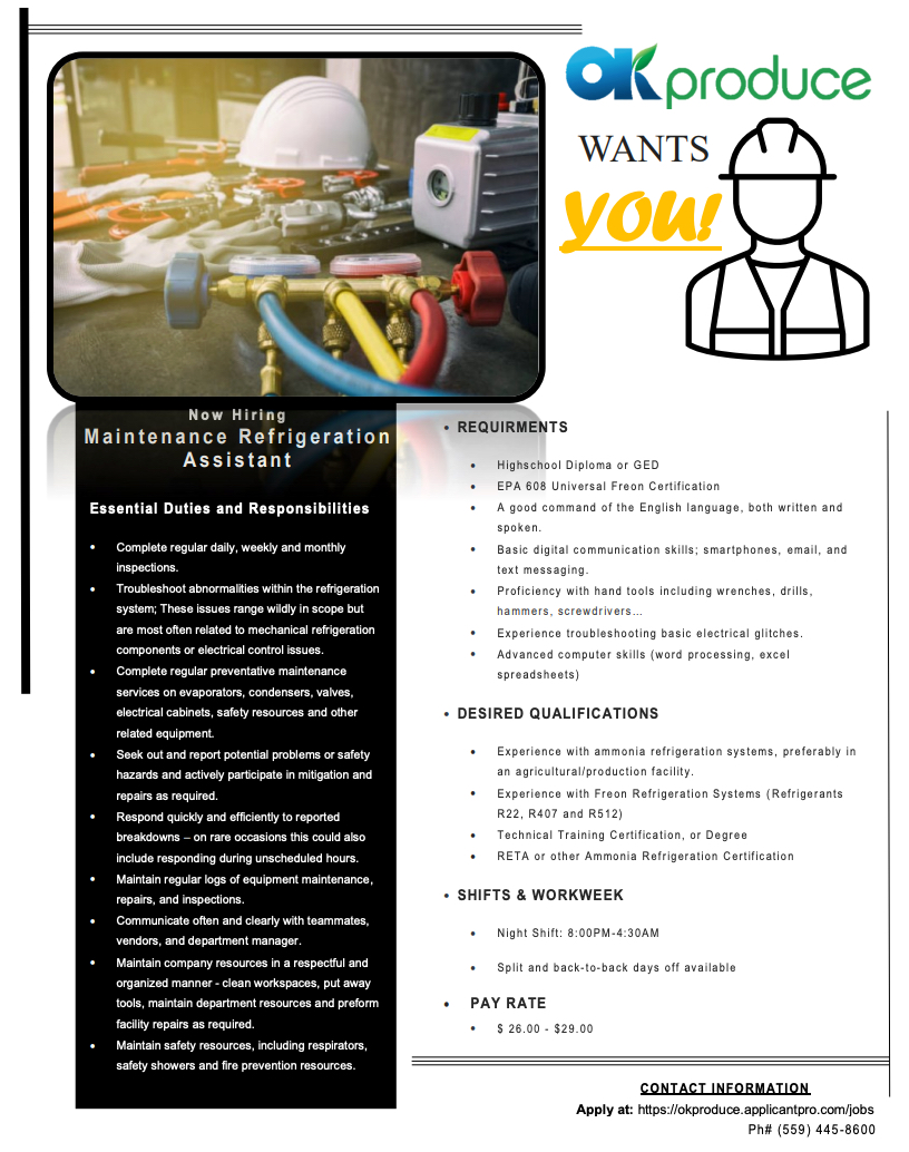 Maintenance Refrigeration Assistant Fresno, CA OK Produce Jobs