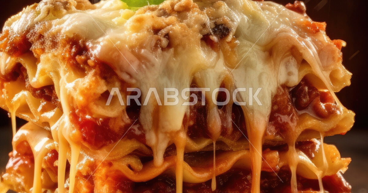A dish of delicious lasagna, a closeup of a meal of spaghetti with meat and fresh tomato sauce