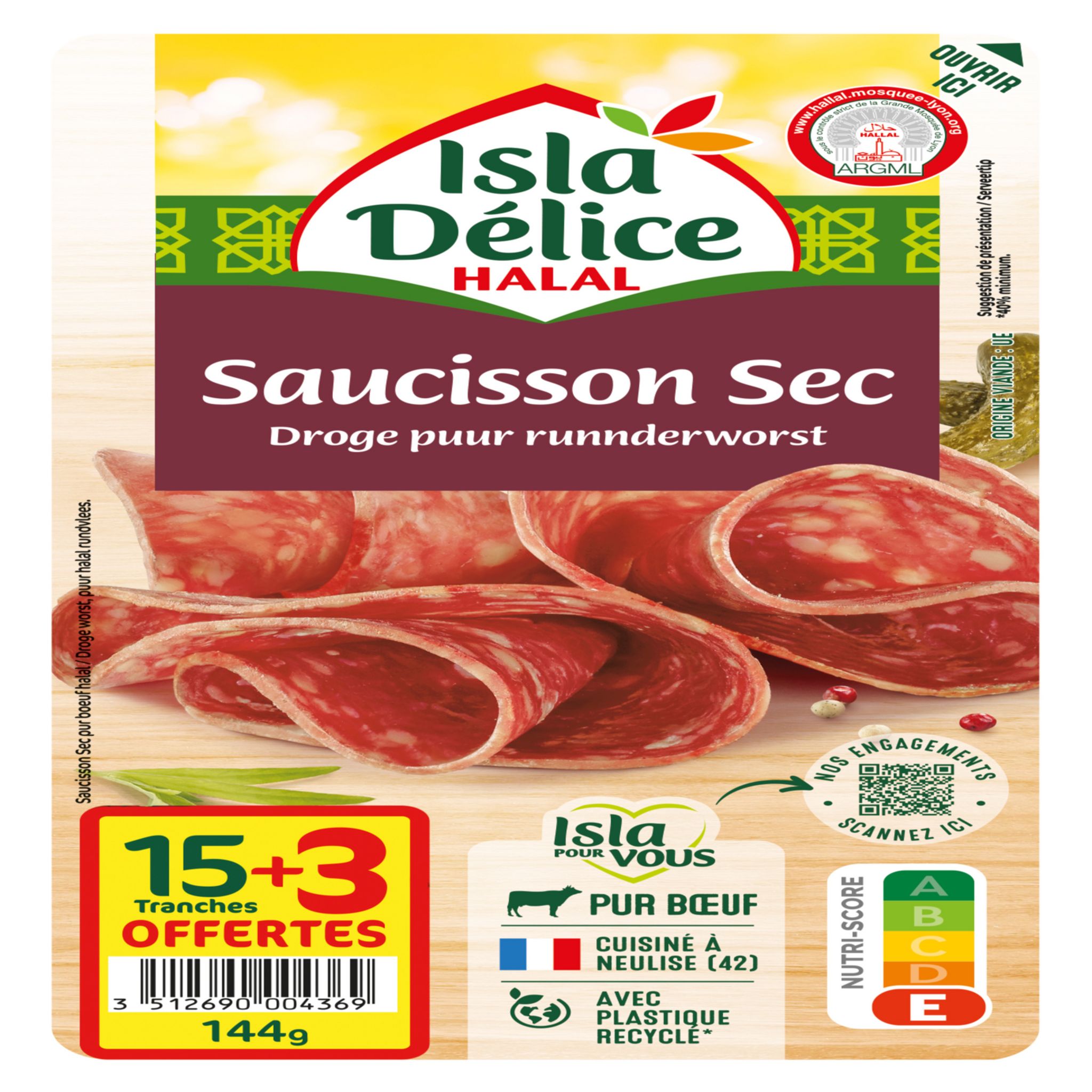 ISLA DELICE Saucisson sec halal 15 tranches + 3 offertes 144g pas cher