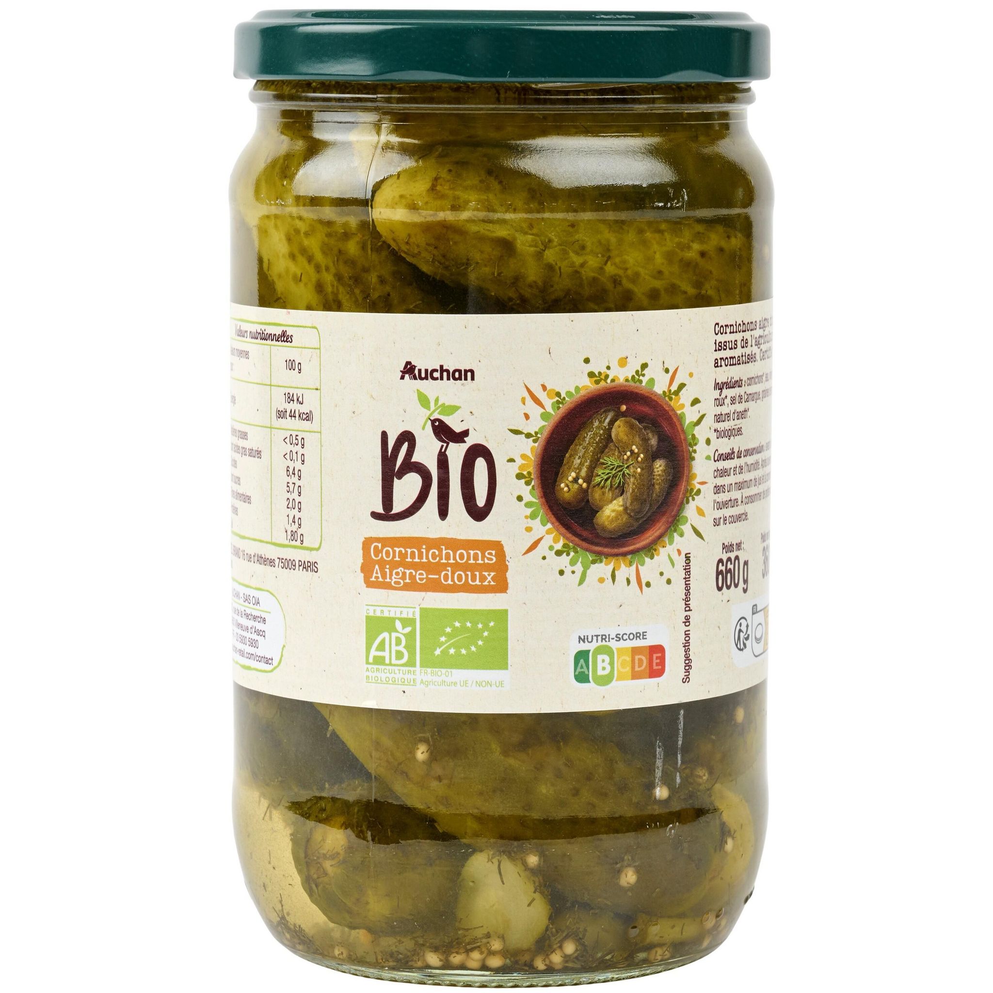 AUCHAN BIO Cornichons aigredoux en bocal 660g pas cher Auchan.fr