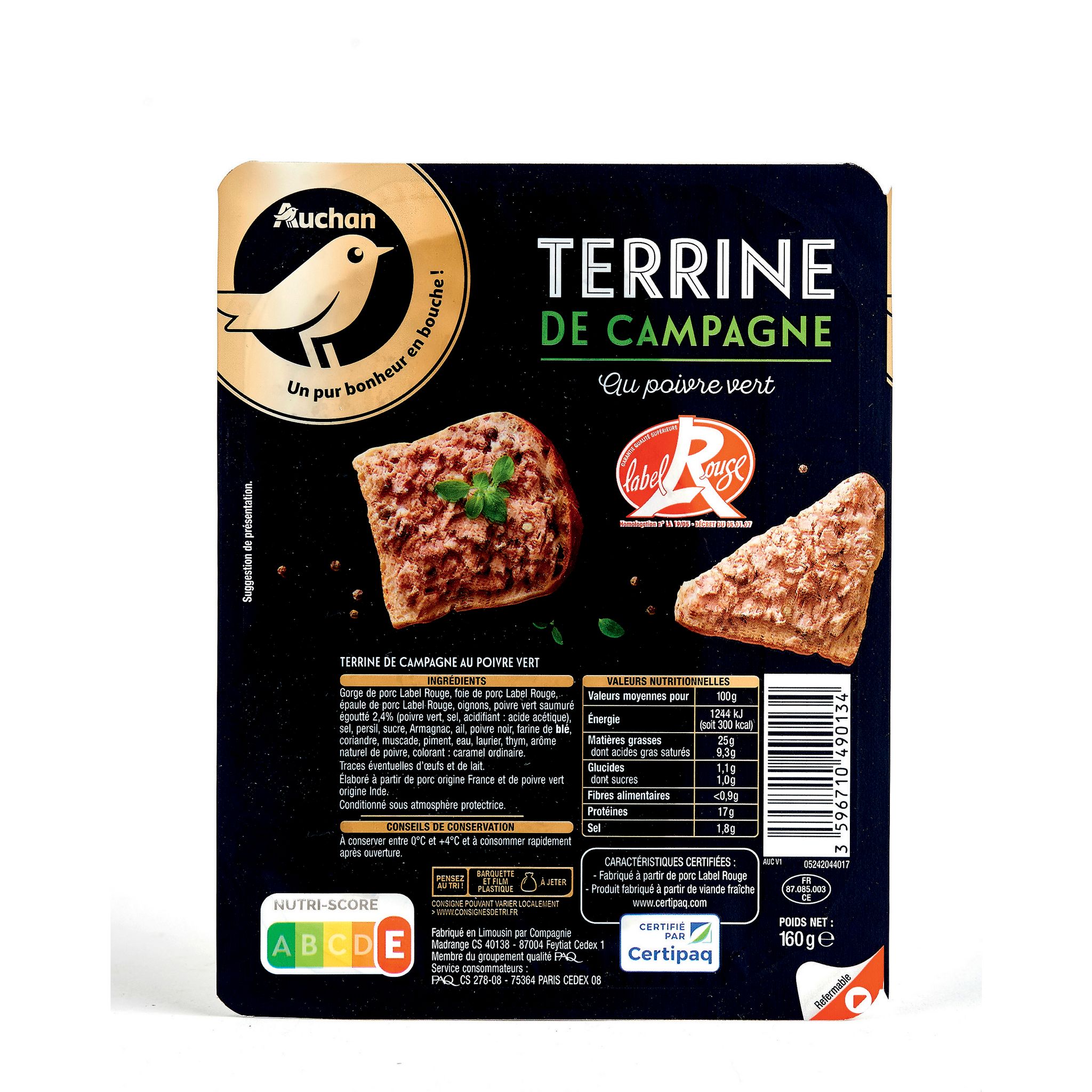 AUCHAN GOURMET Terrine de campagne au poivre vert label rouge 160g pas