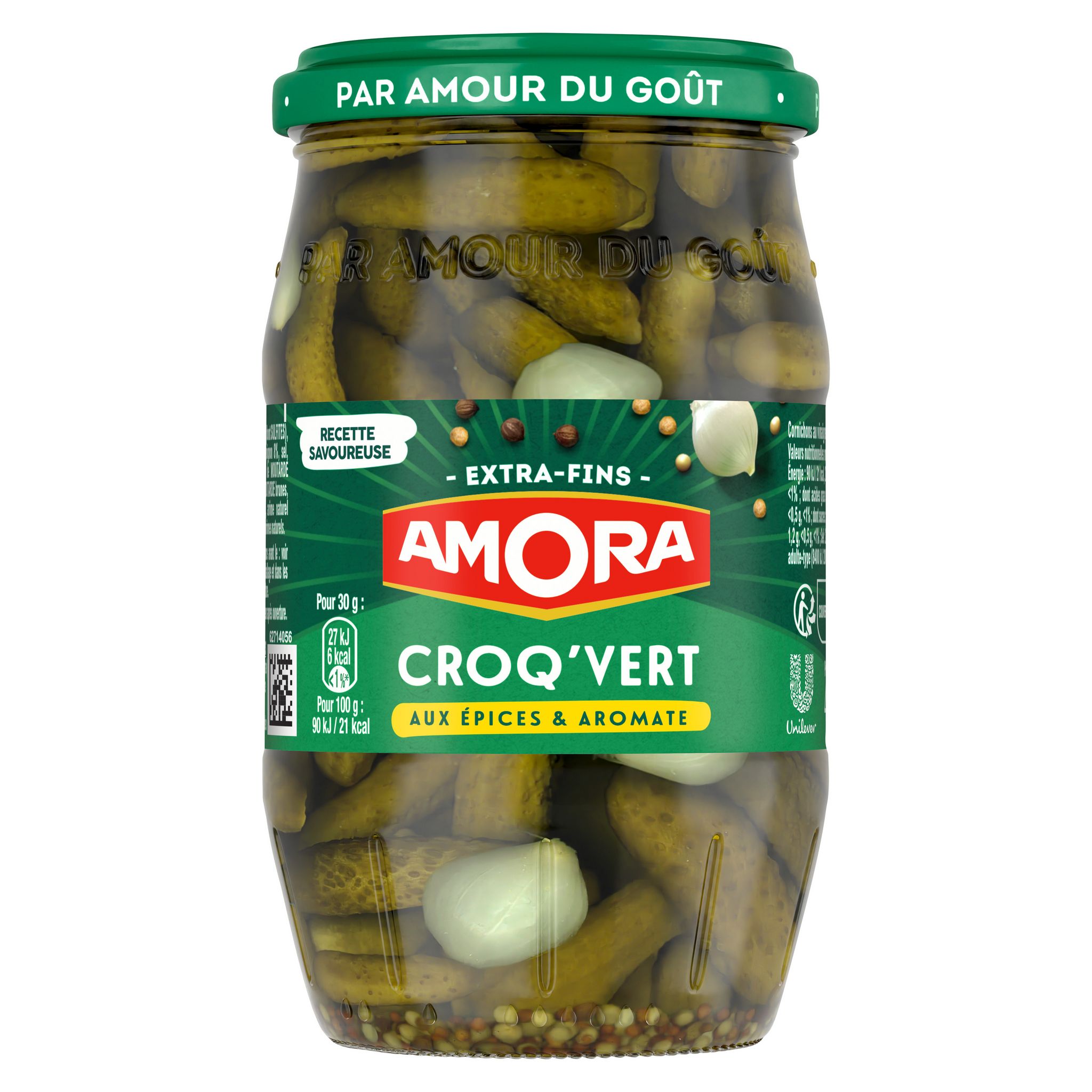 AMORA Cornichons extra fins Croq'vert aux épices et aromate 210g pas
