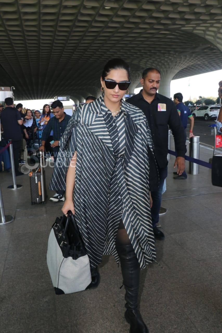 Sonam Kapoor stuns in a black striped ensemble at the airport, see PICS