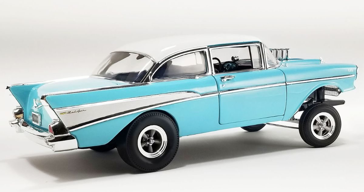 1957 Chevrolet Bel Air Gasser Larkspur Blue in 118 scale by Acme Diecast