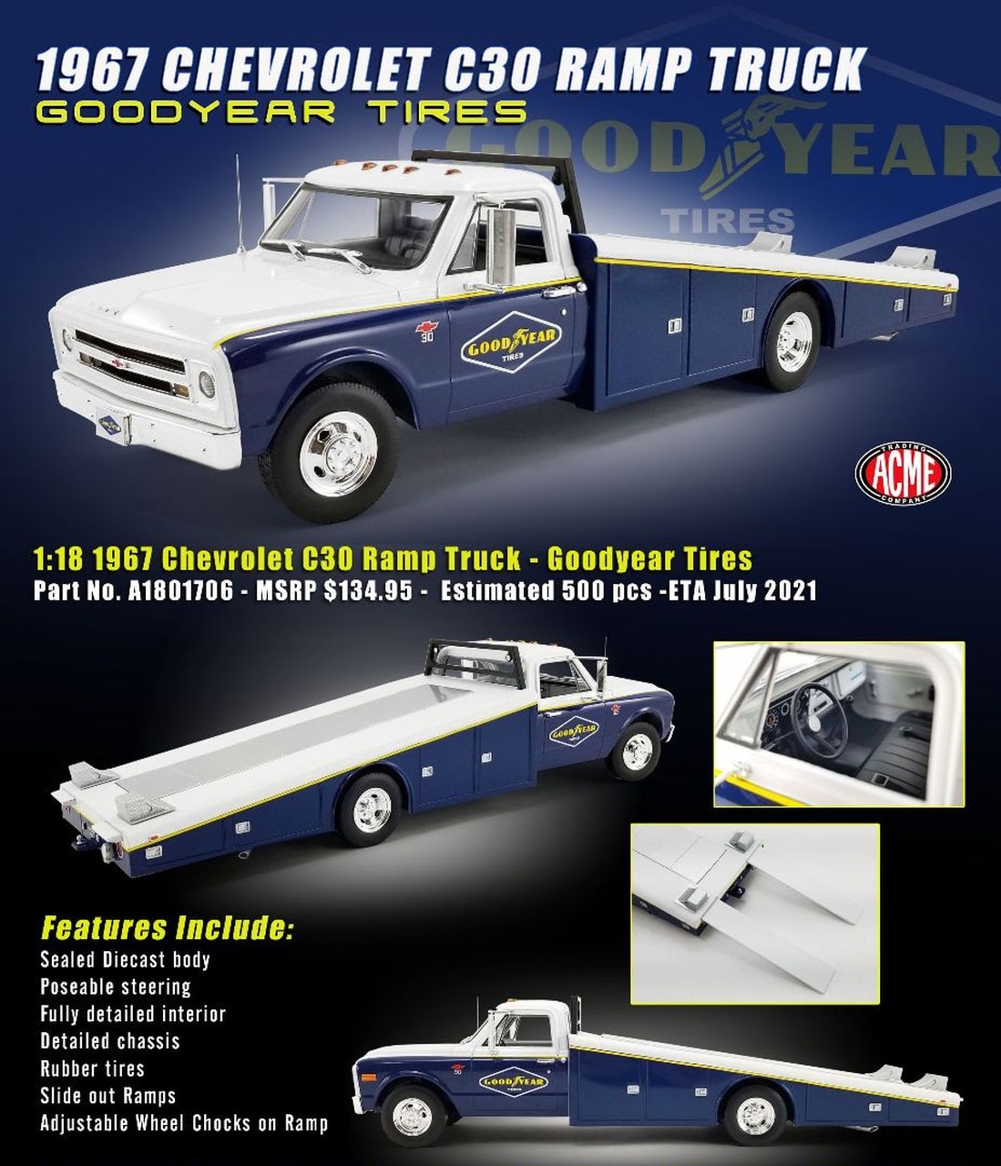 1967 Chevrolet C30 Ramp Truck Goodyear in 118 scale by Acme Diecast