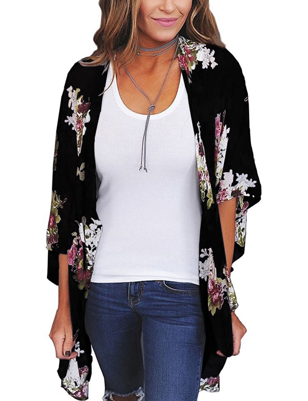 Wholesale Women Stylish Kimono Western Style Floral Chiffon Sun Blocked