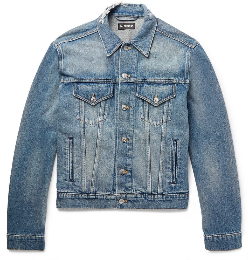 Balenciaga Cropped Embroidered Distressed Denim Jacket Men Mid