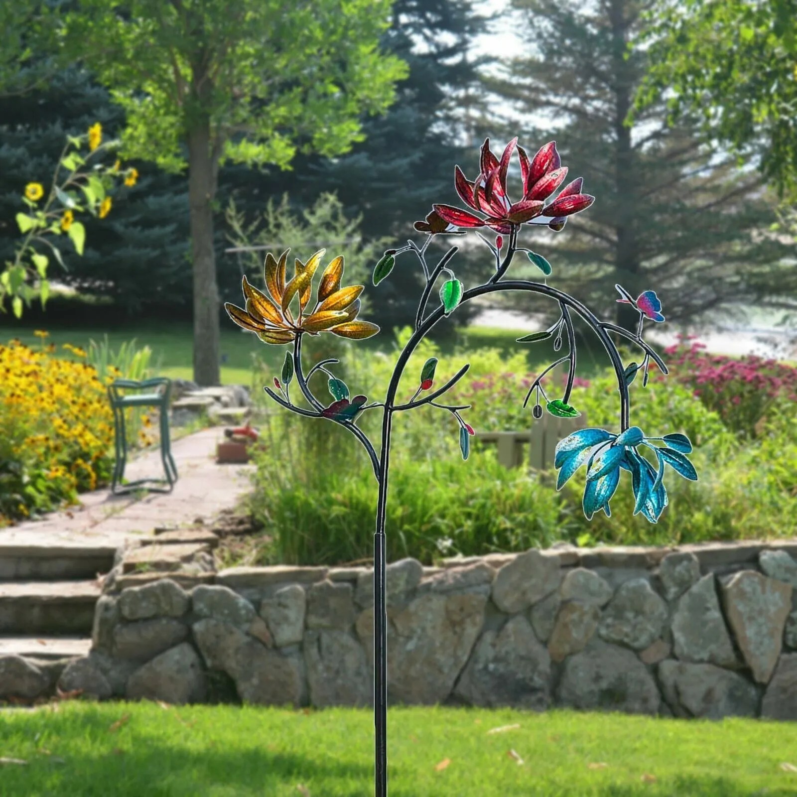 Large Metal Wind Spinner with Three Spinning Flowers and Butterflies