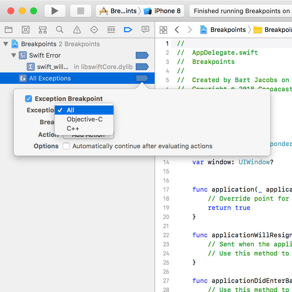 Swift Error and Exception Breakpoints