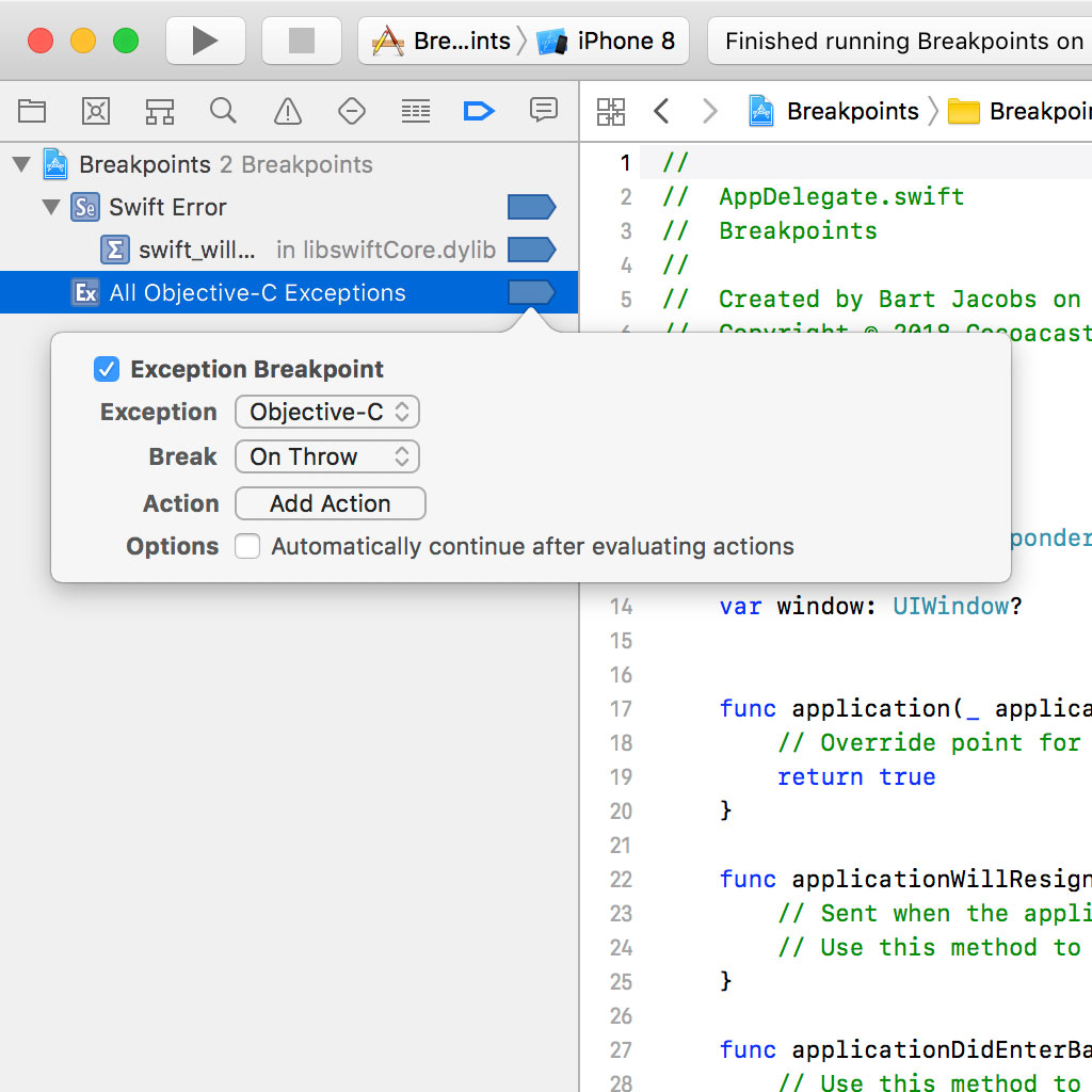 Swift Error and Exception Breakpoints