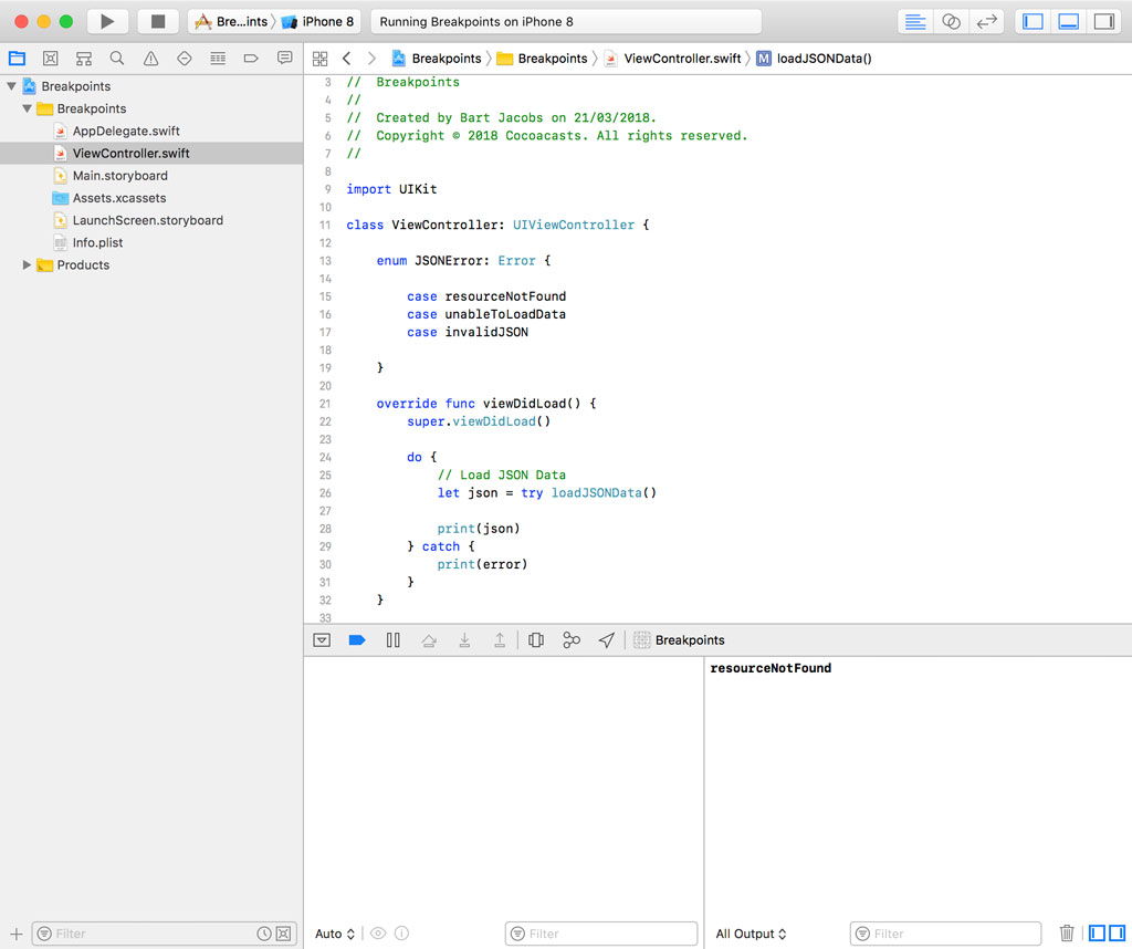 Swift Error and Exception Breakpoints