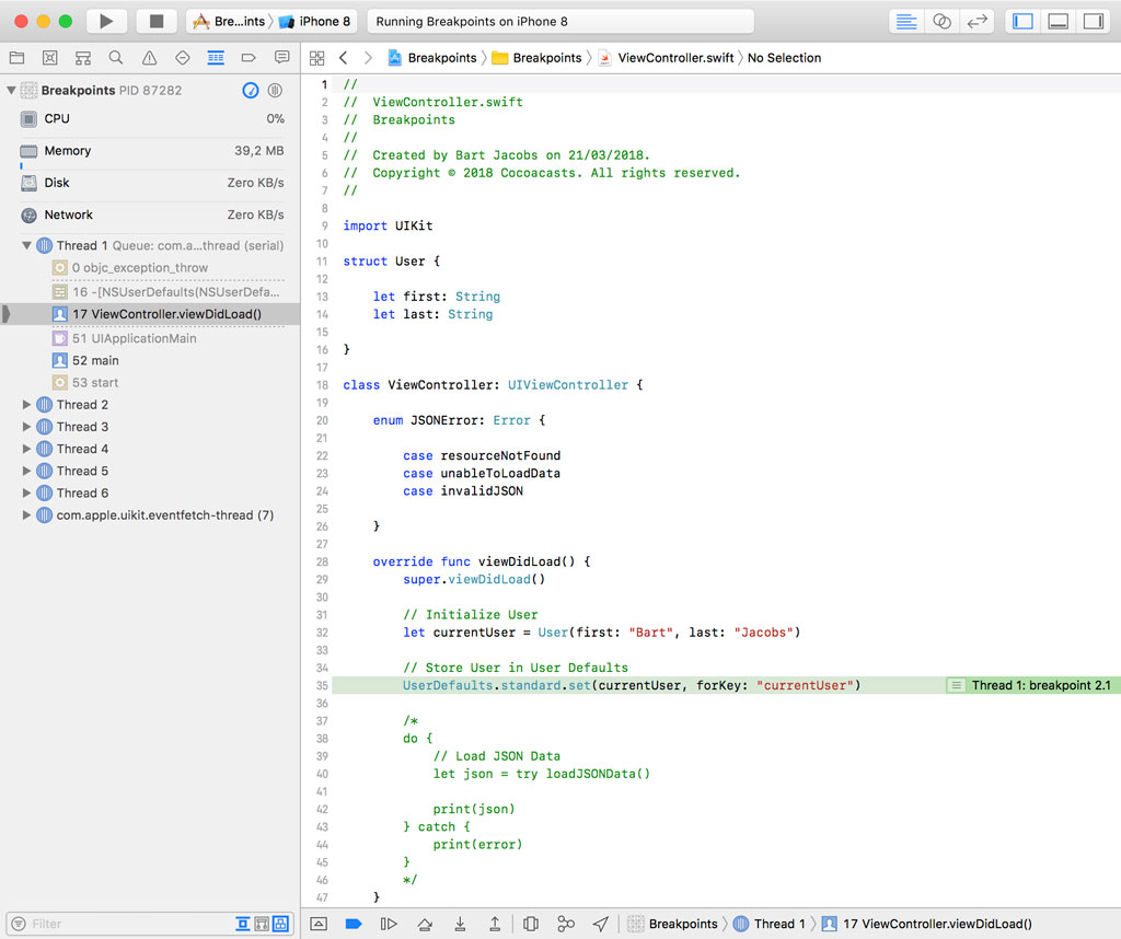 Swift Error and Exception Breakpoints