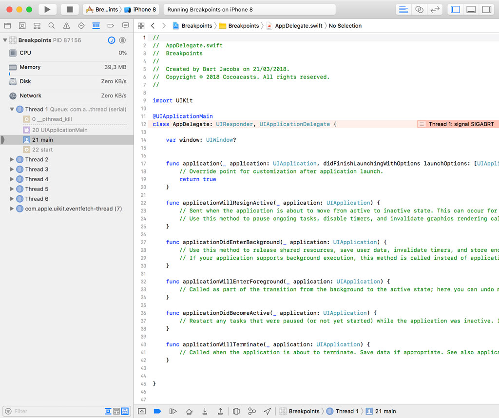 Swift Error and Exception Breakpoints