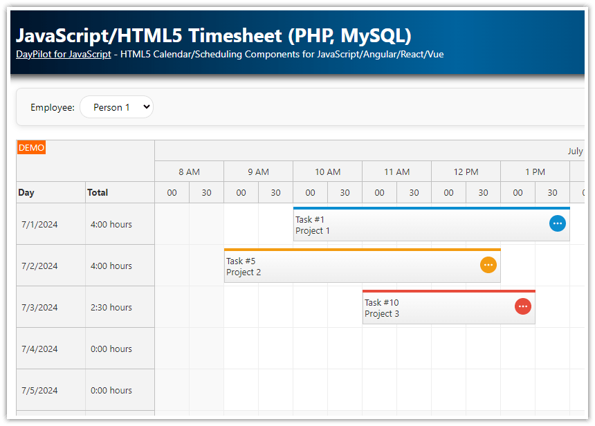 JavaScript/HTML5 Timesheet (PHP, MySQL) DayPilot Code