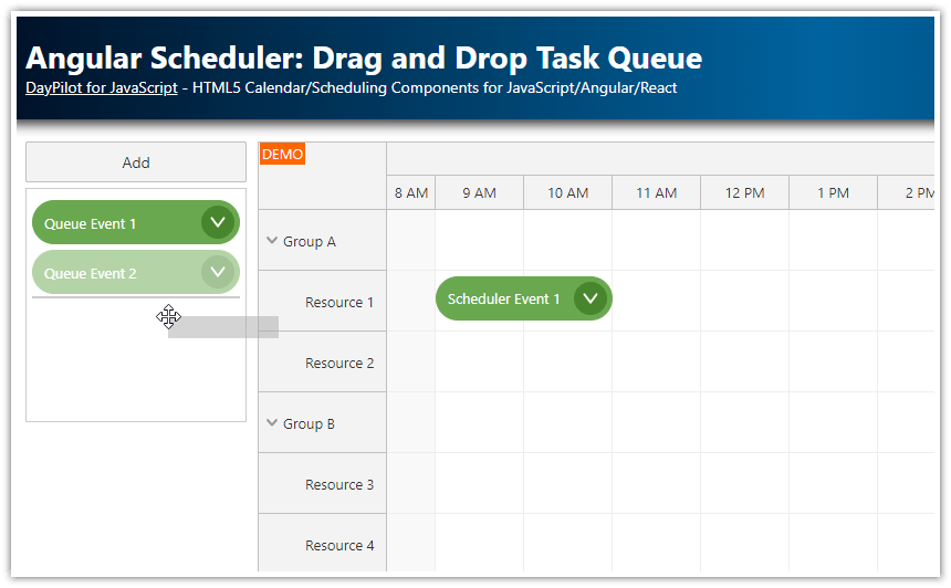 Angular Scheduler Drag and Drop Task Queue DayPilot Code