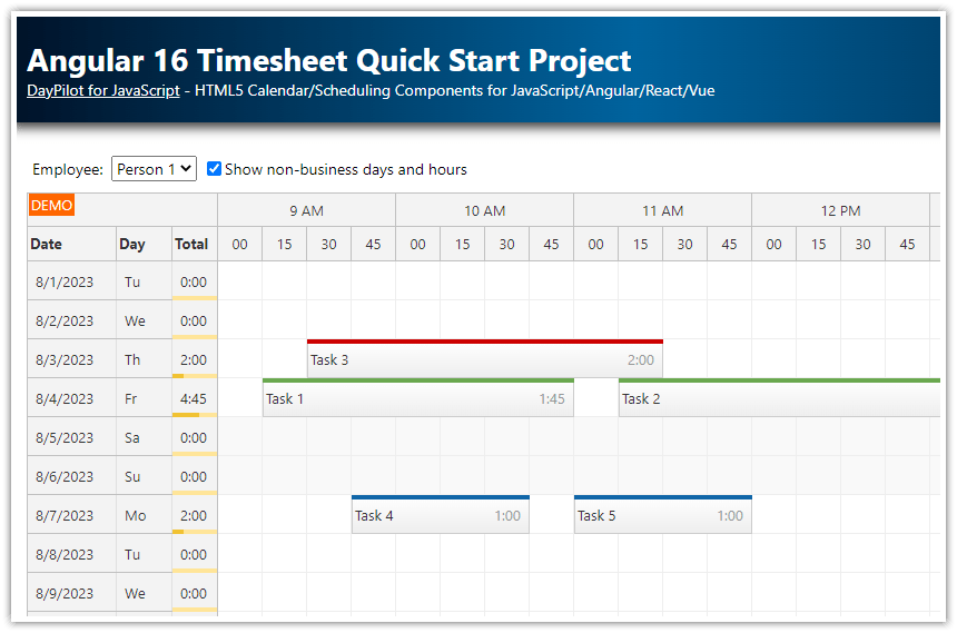 JavaScript/HTML5 Timesheet (PHP, MySQL) DayPilot Code