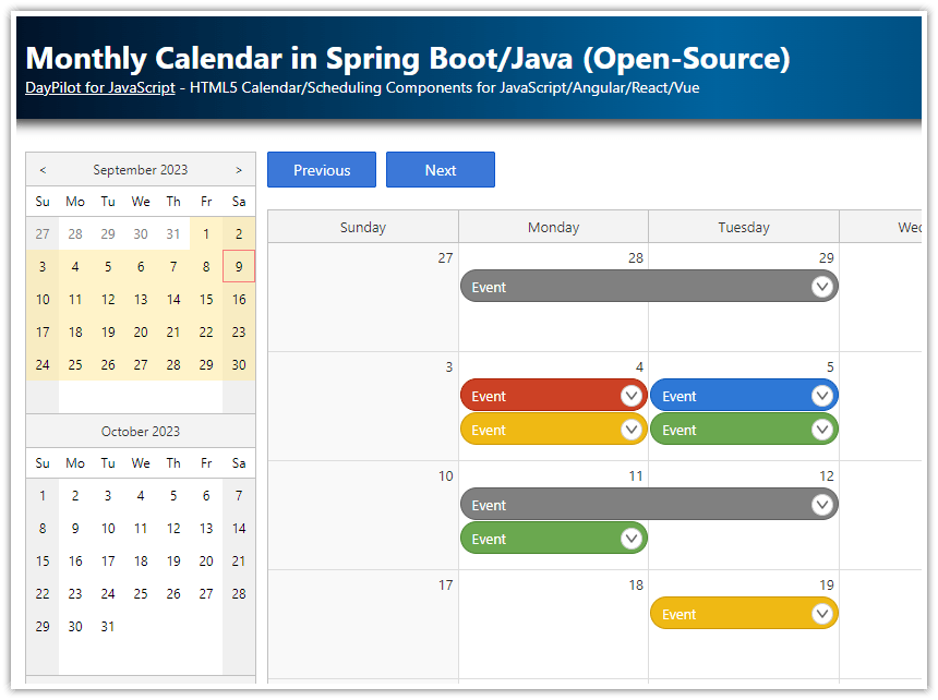 Monthly Calendar in Spring Boot/Java (OpenSource) DayPilot Code