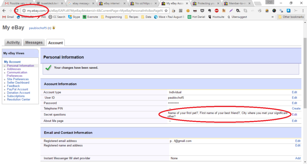 Ebay messages, account info, and user activity not secured with HTTPS