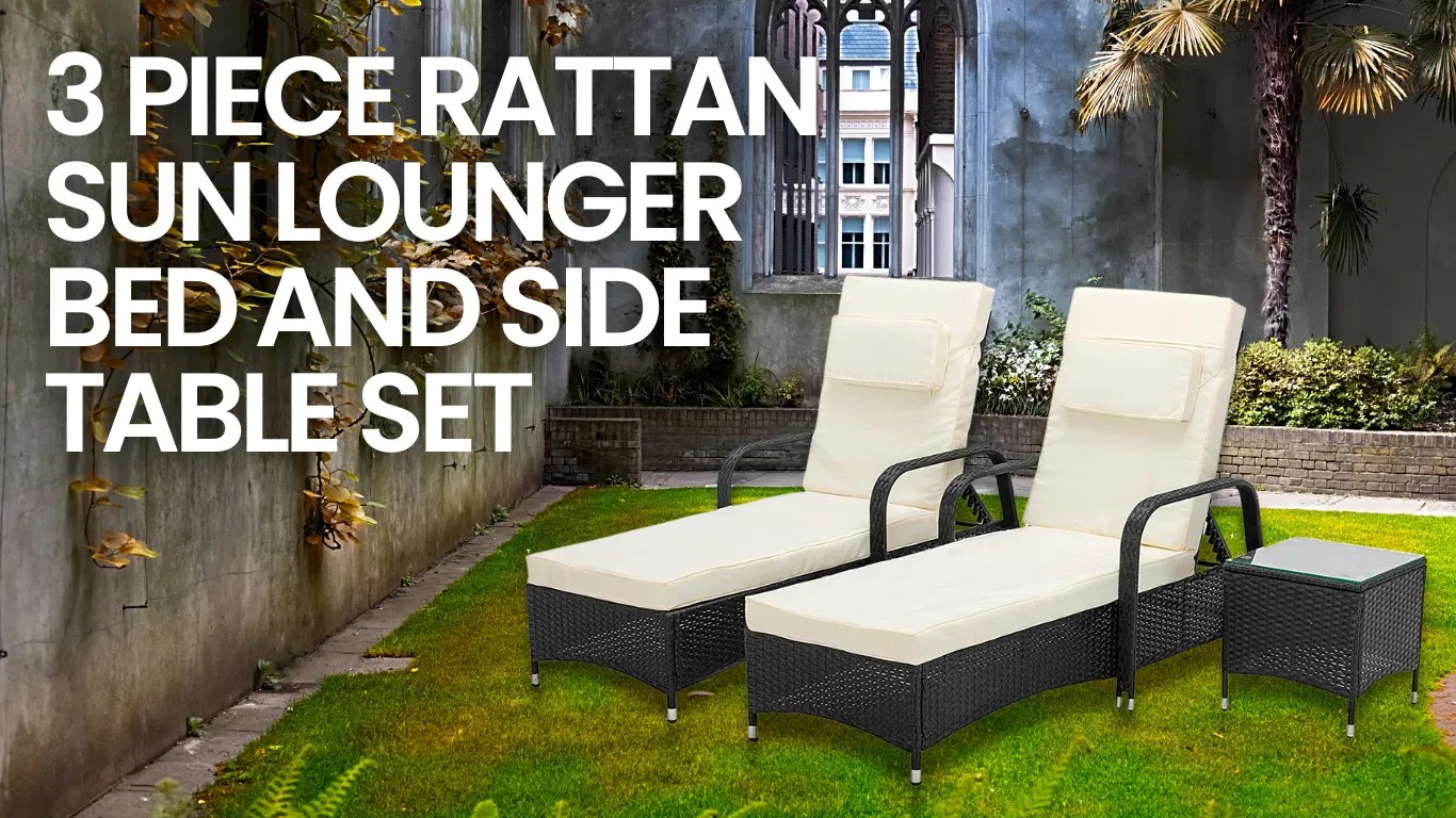 3 Pieces Rattan Sun Lounger Bed Recliner Outdoor Garden Chair & Side Table Set Venice (Grey