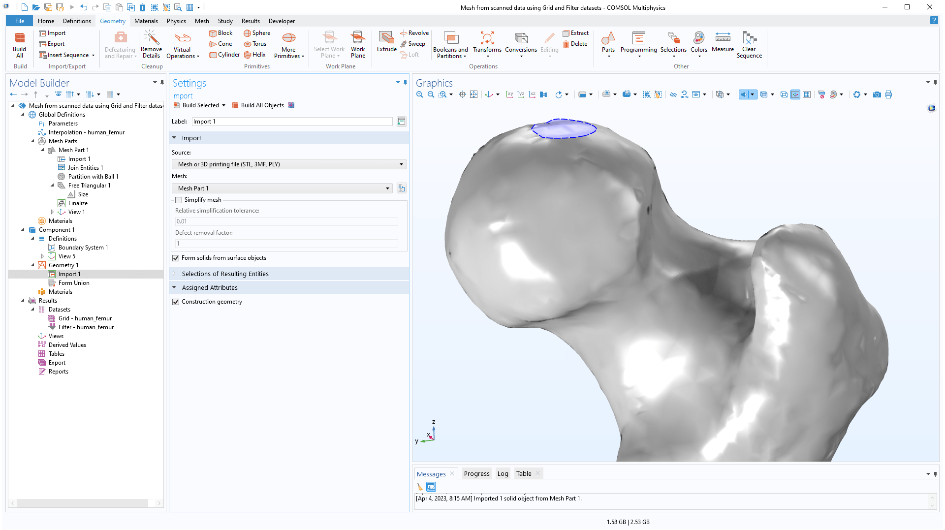 Generating a Simulation Mesh of a Femur From 3D Data COMSOL Blog
