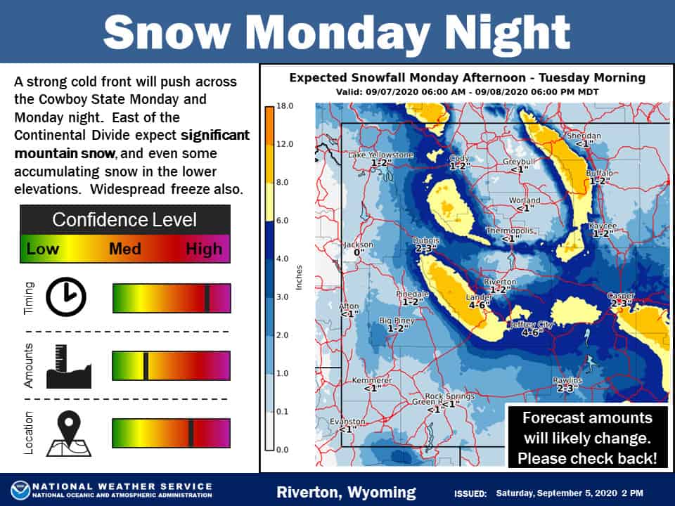 Projected totals for Wyoming's first snowfall of the season County 10
