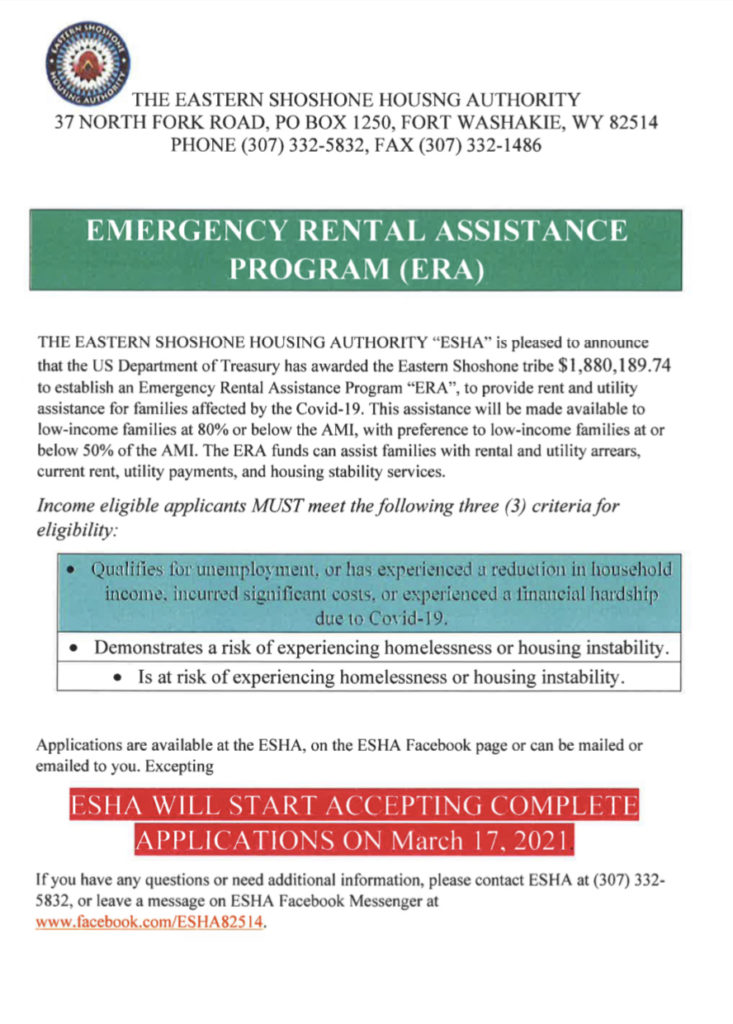 Rental assistance available through Eastern Shoshone Housing Authority