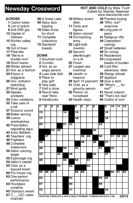 Newsday Crossword Puzzle for Feb 09, 2016, by Stanley Newman | Creators