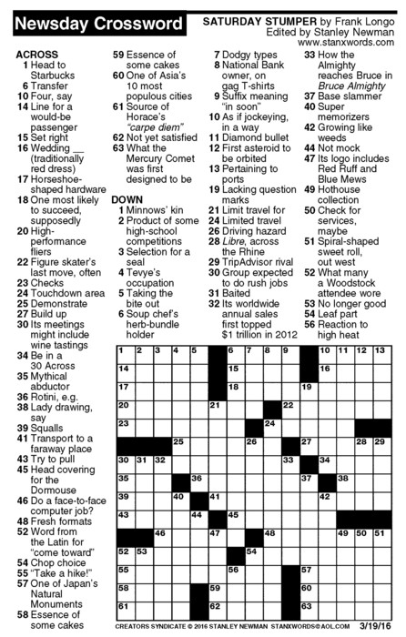 Newsday Crossword Puzzle for Mar 19, 2016, by Stanley Newman | Creators