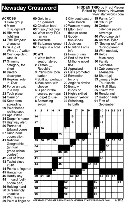 Newsday Crossword Puzzle for Apr 01, 2016, by Stanley Newman | Creators
