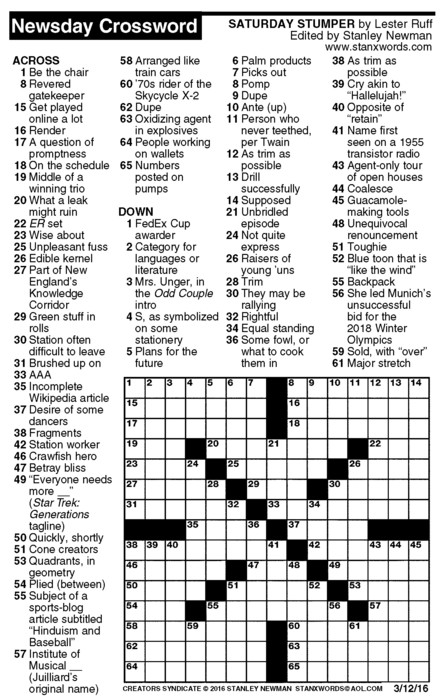 Newsday Crossword Puzzle for Mar 12, 2016, by Stanley Newman | Creators