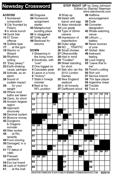 Newsday Crossword Puzzle for Aug 25, 2016, by Stanley Newman | Creators
