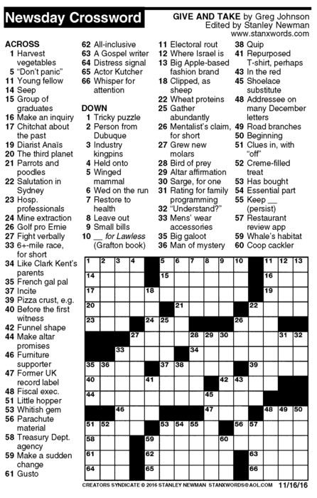 Newsday Crossword Puzzle for Nov 16, 2016, by Stanley Newman | Creators