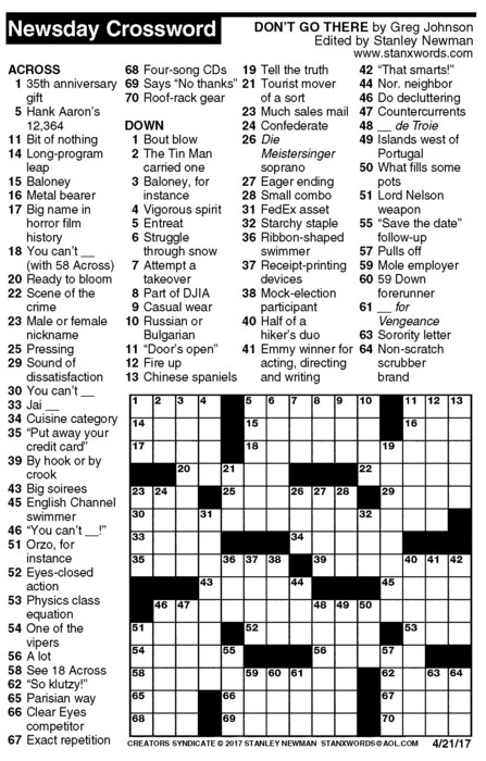 Newsday Crossword Puzzle for Apr 21, 2017, by Stanley Newman | Creators