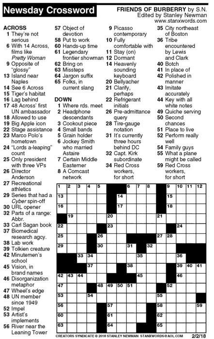 Newsday Crossword Puzzle for Feb 02, 2018, by Stanley Newman | Creators