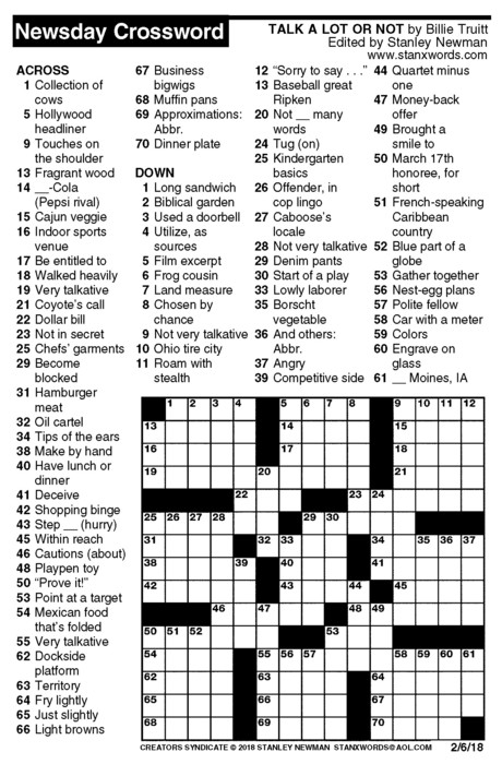 Newsday Crossword Puzzle for Feb 06, 2018, by Stanley Newman | Creators