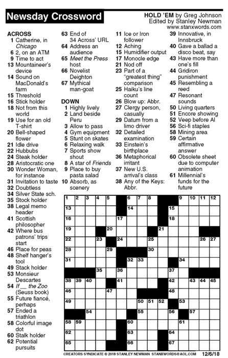 Newsday Crossword Puzzle for Dec 06, 2018, by Stanley Newman | Creators