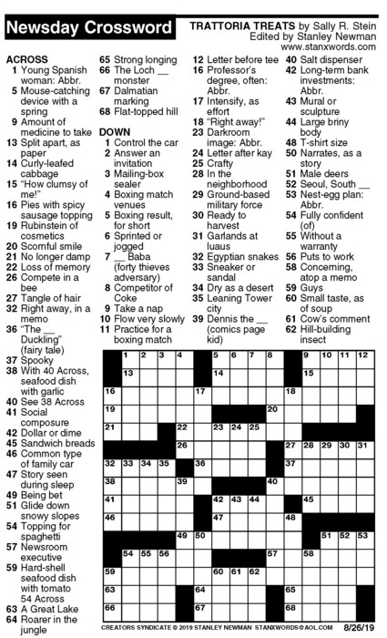 Newsday Crossword Puzzle for Aug 26, 2019, by Stanley Newman | Creators