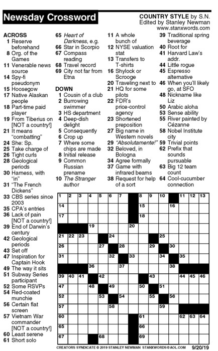 Newsday Crossword Puzzle for Sep 20, 2019, by Stanley Newman | Creators
