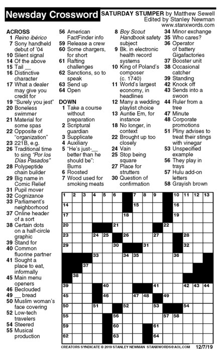 Newsday Crossword Puzzle for Dec 07, 2019, by Stanley Newman | Creators
