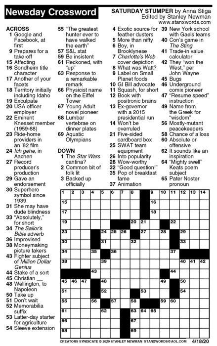 Newsday Crossword Puzzle for Apr 18, 2020, by Stanley Newman | Creators