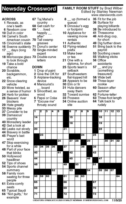 Newsday Crossword Puzzle for Nov 09, 2020, by Stanley Newman | Creators