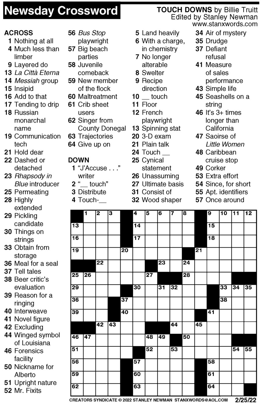 Newsday Crossword Puzzle for Feb 25, 2022, by Stanley Newman Creators Syndicate
