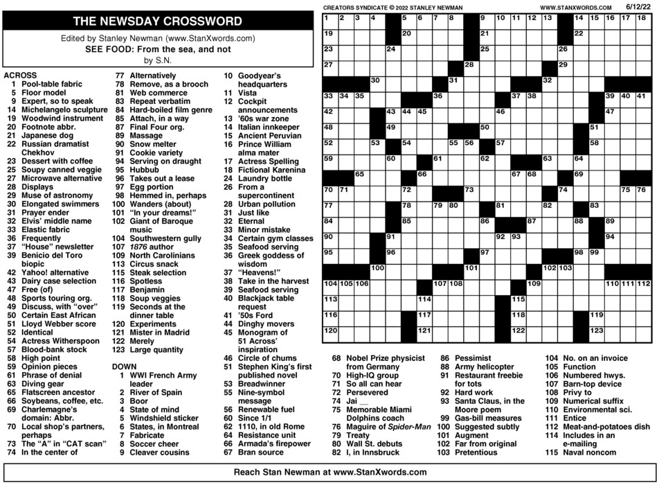 Newsday Crossword Puzzle for Jun 12, 2022, by Stanley Newman Creators Syndicate