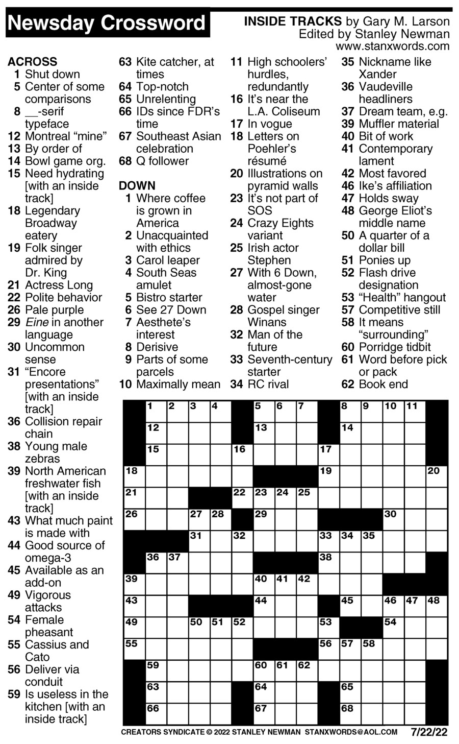 Newsday Crossword Puzzle for Jul 22, 2022, by Stanley Newman Creators Syndicate