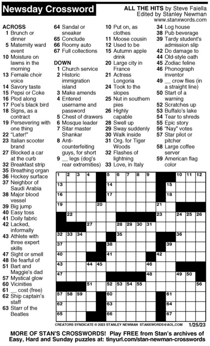 Newsday Crossword Puzzle for Jan 25, 2023, by Stanley Newman | Creators