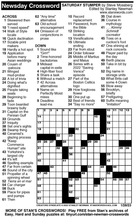 Newsday Crossword Puzzle for Jan 28, 2023, by Stanley Newman | Creators